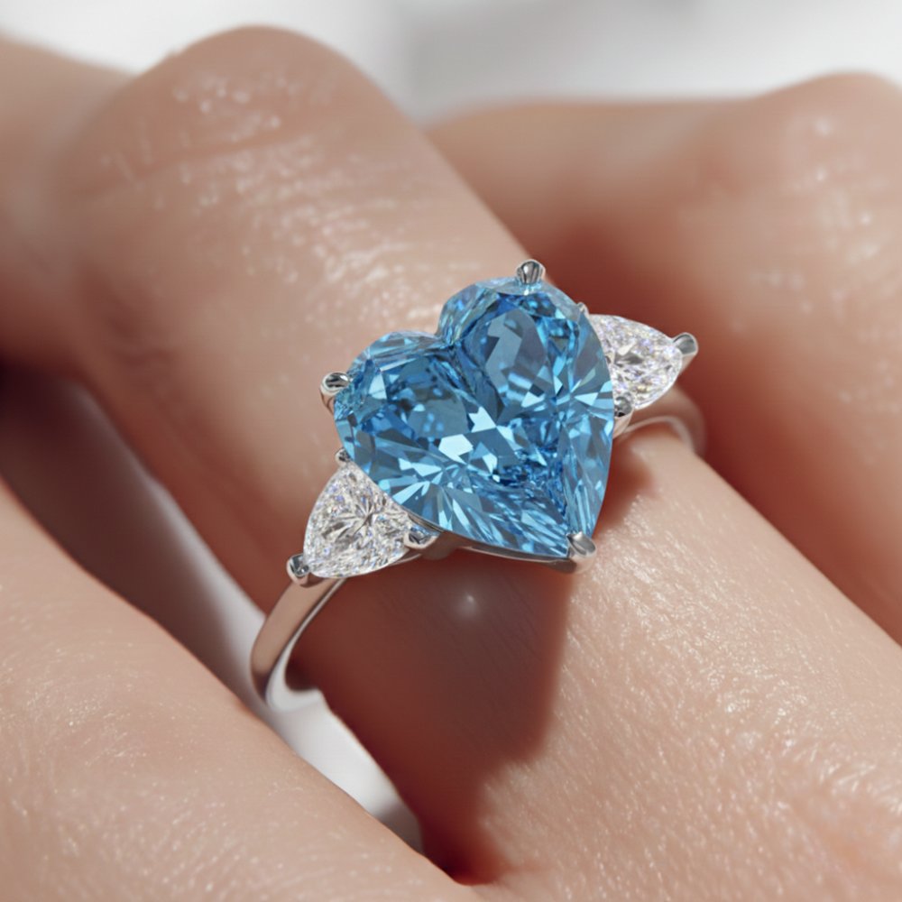 Trilogy Fancy Colored Heart Lab Diamond Ring (Pear Side Diamonds) in White Gold 18K