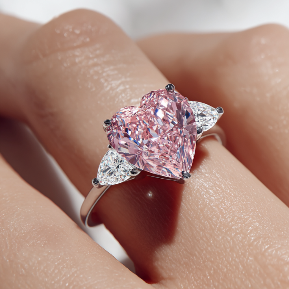 Trilogy Fancy Colored Heart Lab Diamond Ring (Pear Side Diamonds) in White Gold 18K