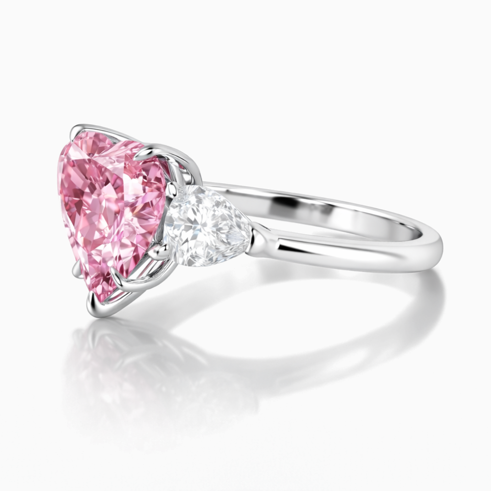 Trilogy Fancy Colored Heart Lab Diamond Ring (Pear Side Diamonds) in White Gold 18K
