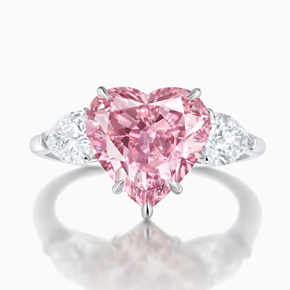 Trilogy Fancy Colored Heart Lab Diamond Ring (Pear Side Diamonds) in White Gold 18K