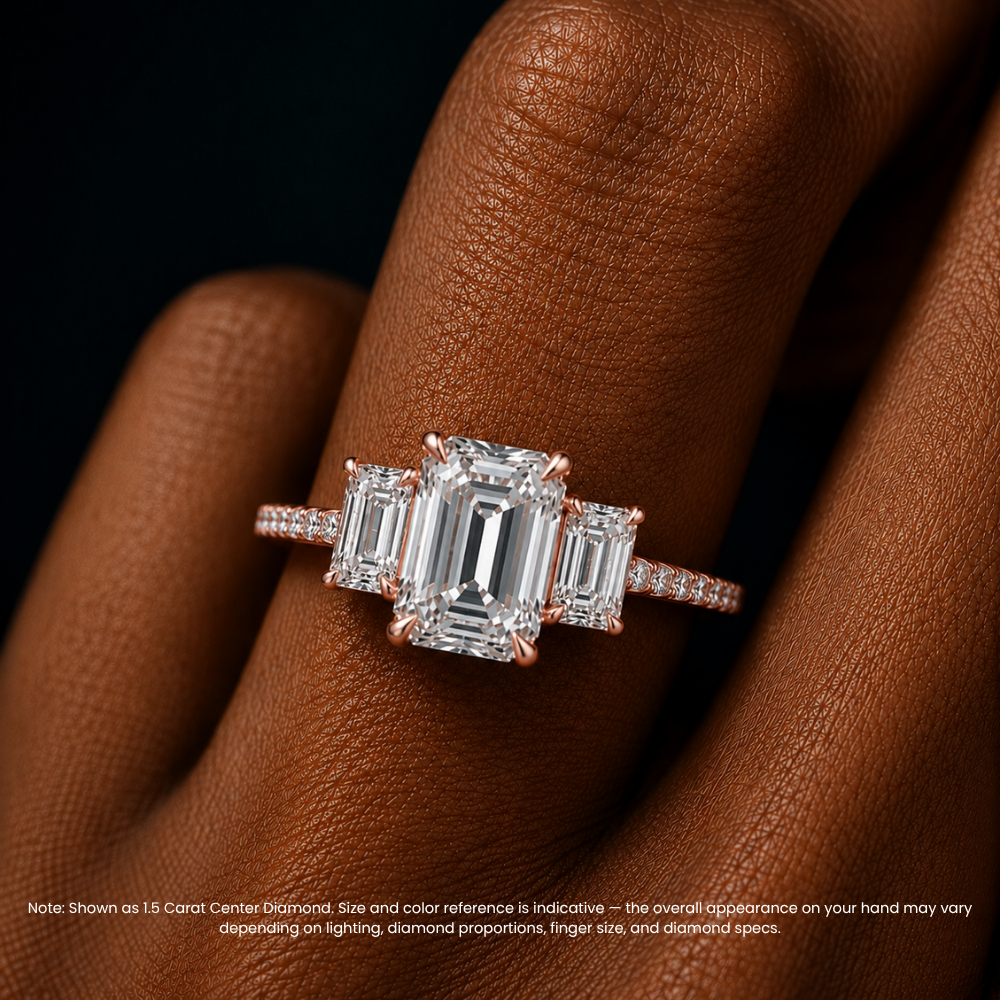 Trilogy Pave Emerald (Emerald Side Stones) Lab Grown Diamond Engagement Ring in 18K Gold