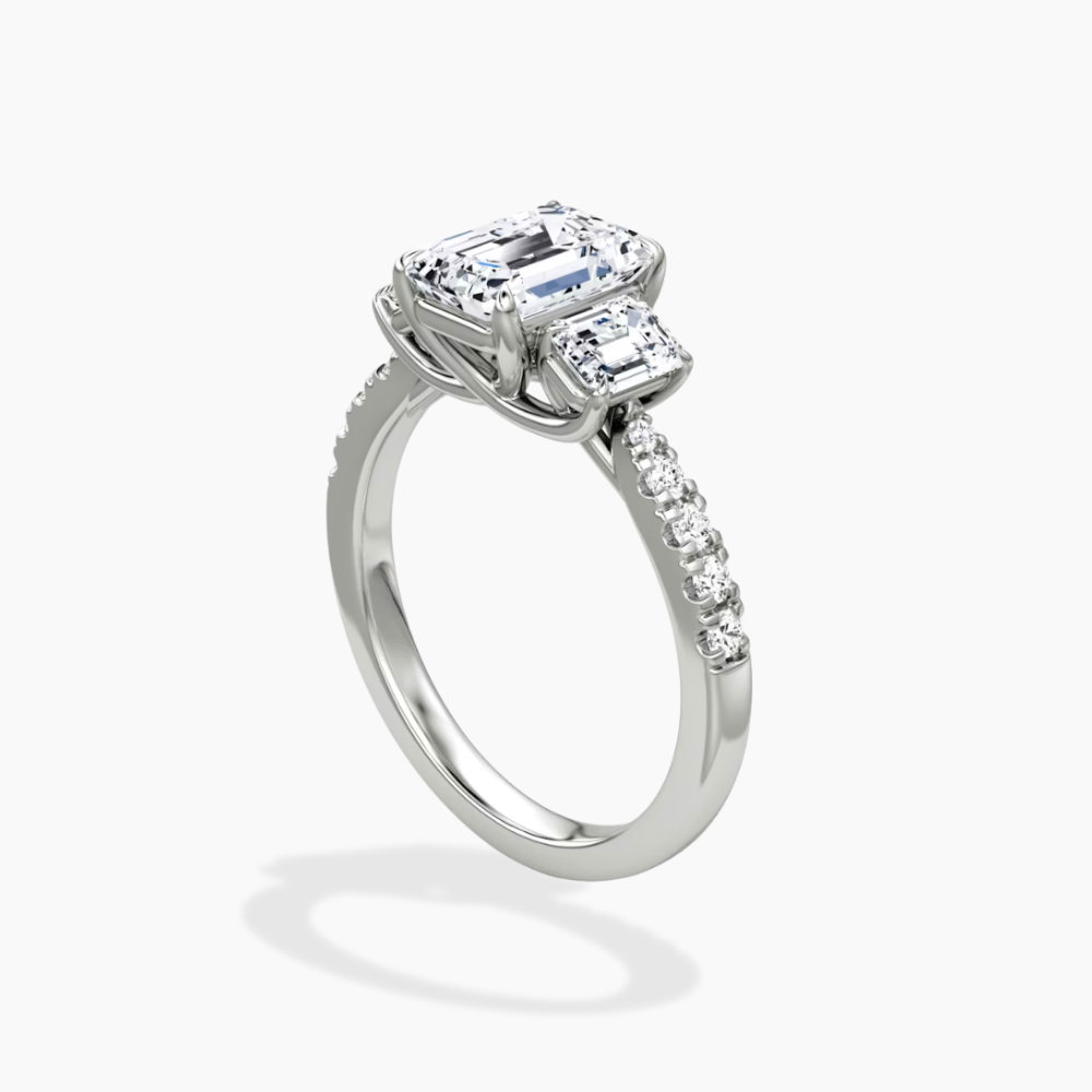 Trilogy Pave Emerald (Emerald Side Stones) Lab Grown Diamond Engagement Ring in 18K Gold
