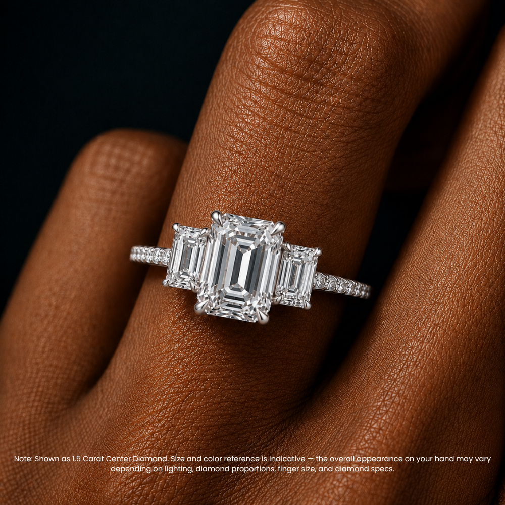 Trilogy Pave Emerald (Emerald Side Stones) Lab Grown Diamond Engagement Ring in 18K Gold