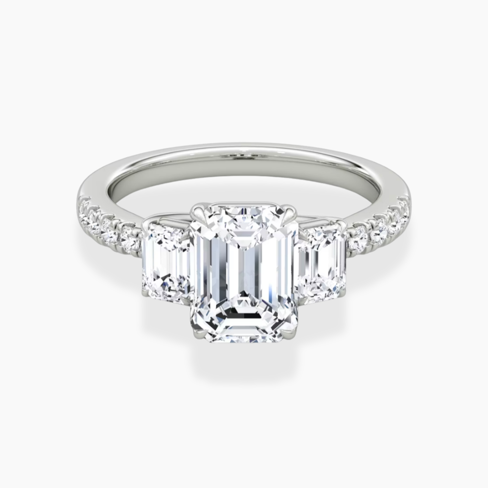 Trilogy Pave Emerald (Emerald Side Stones) Lab Grown Diamond Engagement Ring in 18K Gold
