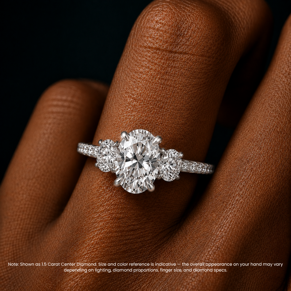 Trilogy Pave Oval (Oval Side Stones) Lab Grown Diamond Engagement Ring in 18K Gold