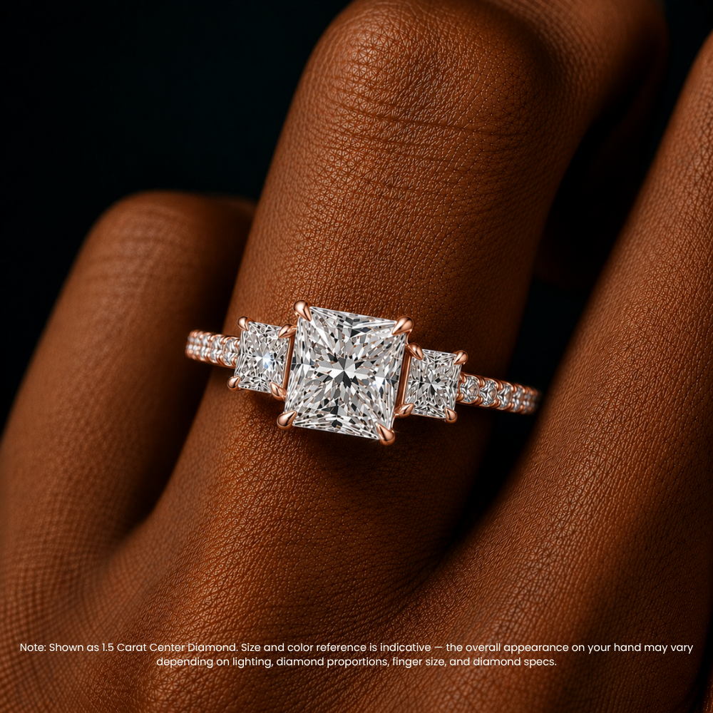 Trilogy Pave Princess (Princess Side Stones) Lab Grown Diamond Engagement Ring in 18K Gold