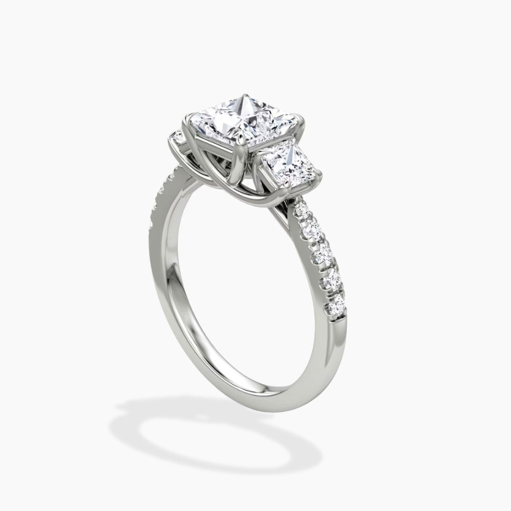 Trilogy Pave Princess (Princess Side Stones) Lab Grown Diamond Engagement Ring in 18K Gold