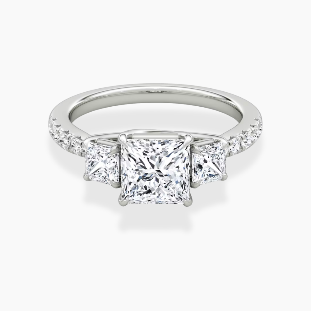 Trilogy Pave Princess (Princess Side Stones) Lab Grown Diamond Engagement Ring in 18K Gold