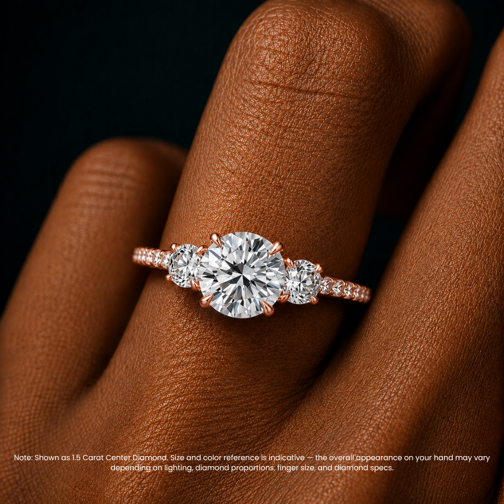 Trilogy Pave Round (Round Side Stones) Lab Grown Diamond Engagement Ring in 18K Gold