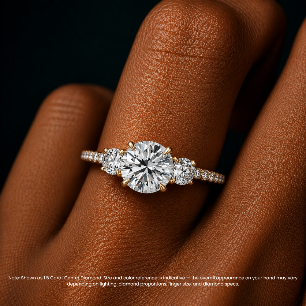 Trilogy Pave Round (Round Side Stones) Lab Grown Diamond Engagement Ring in 18K Gold