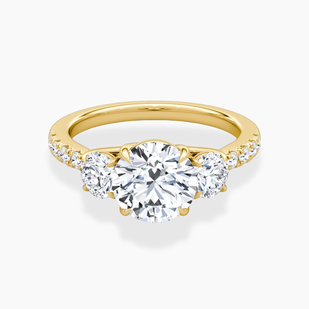 Trilogy Pave Round (Round Side Stones) Lab Grown Diamond Engagement Ring in 18K Gold