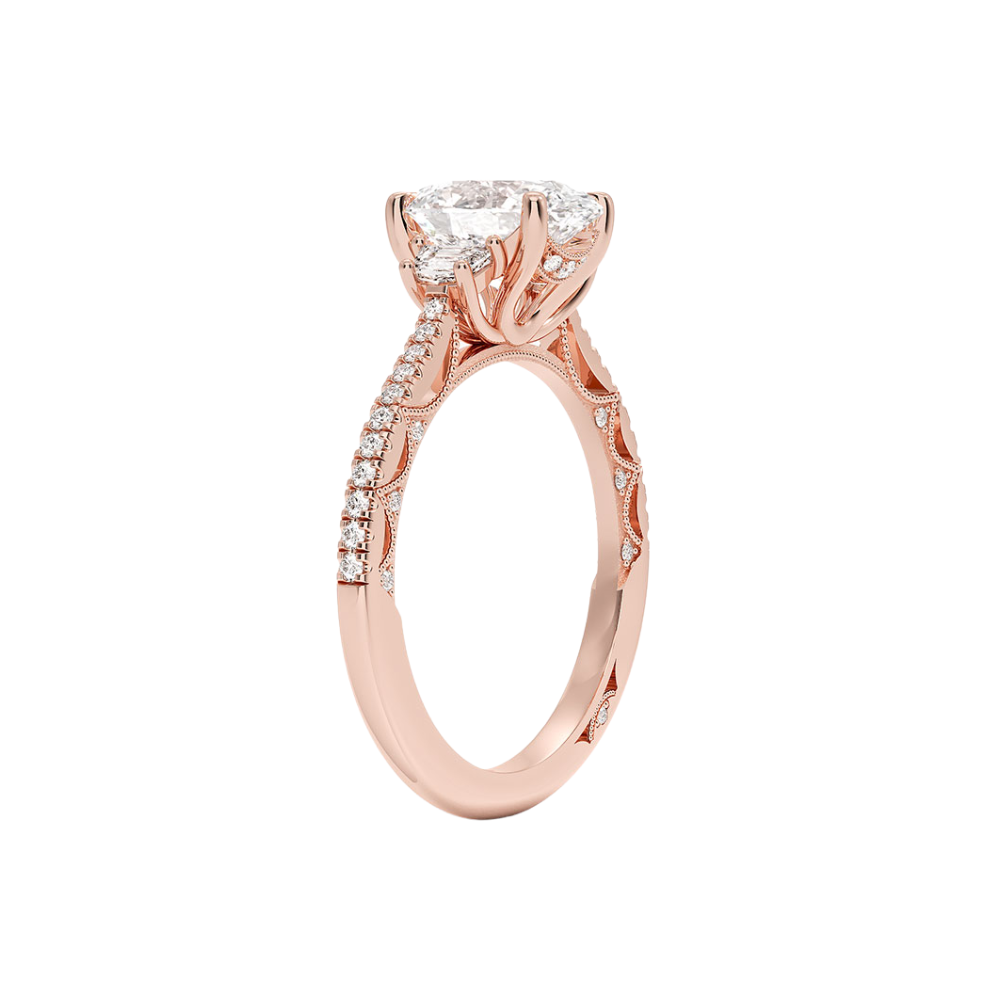 Trilogy (Half-Moon Side Stones) Pave Vintage Lab Diamond Engagement Ring in 18K Gold - Oval