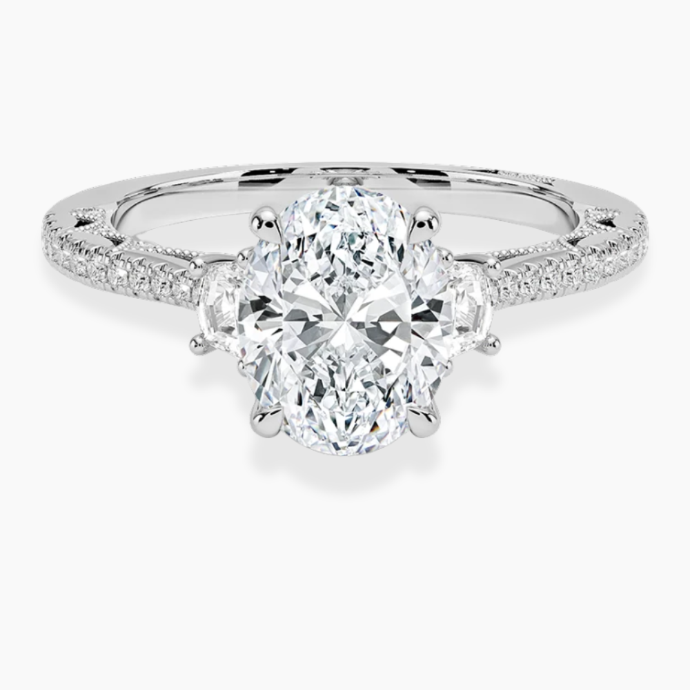 Trilogy (Half-Moon Side Stones) Pave Vintage Lab Diamond Engagement Ring in 18K Gold - Oval