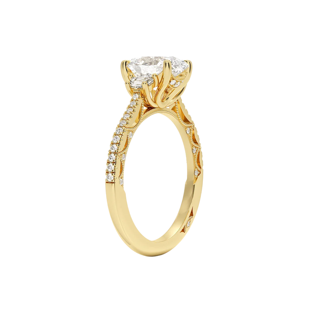 Trilogy (Half-Moon Side Stones) Pave Vintage Lab Diamond Engagement Ring in 18K Gold - Oval