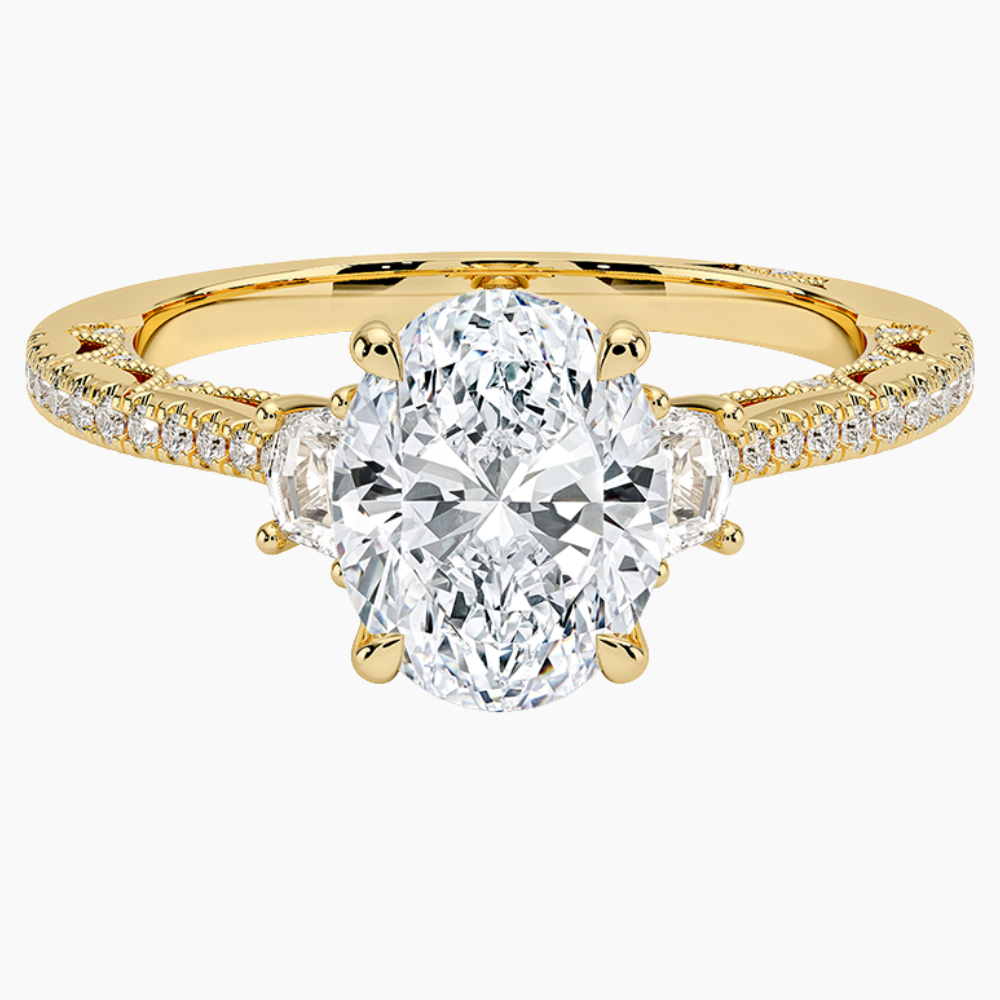Trilogy (Half-Moon Side Stones) Pave Vintage Lab Diamond Engagement Ring in 18K Gold - Oval