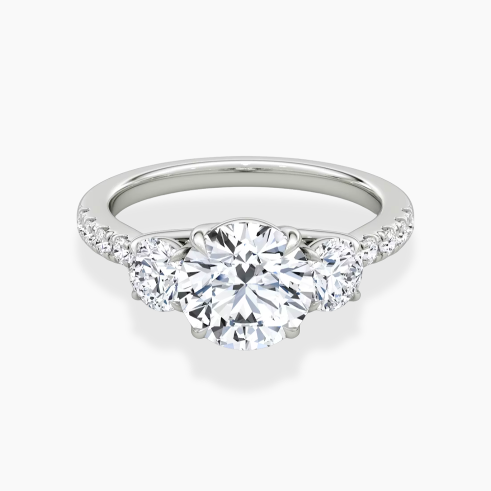 Trilogy Pave Round (Round Side Stones) Lab Grown Diamond Engagement Ring in 18K Gold