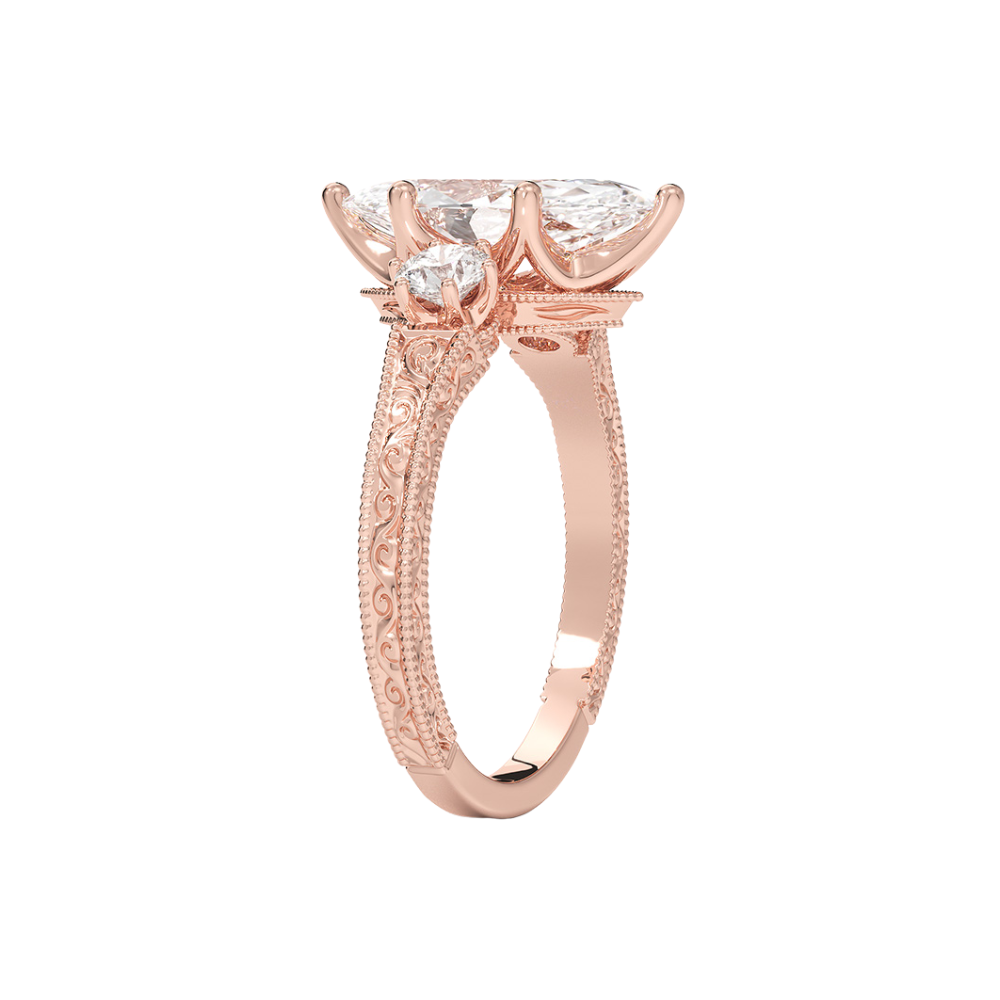 Trilogy (Round Side Stones) Vintage Lab Diamond Engagement Ring in 18K Gold - Marquise