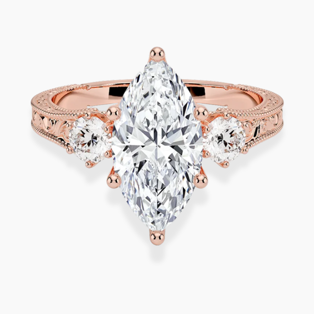 Trilogy (Round Side Stones) Vintage Lab Diamond Engagement Ring in 18K Gold - Marquise