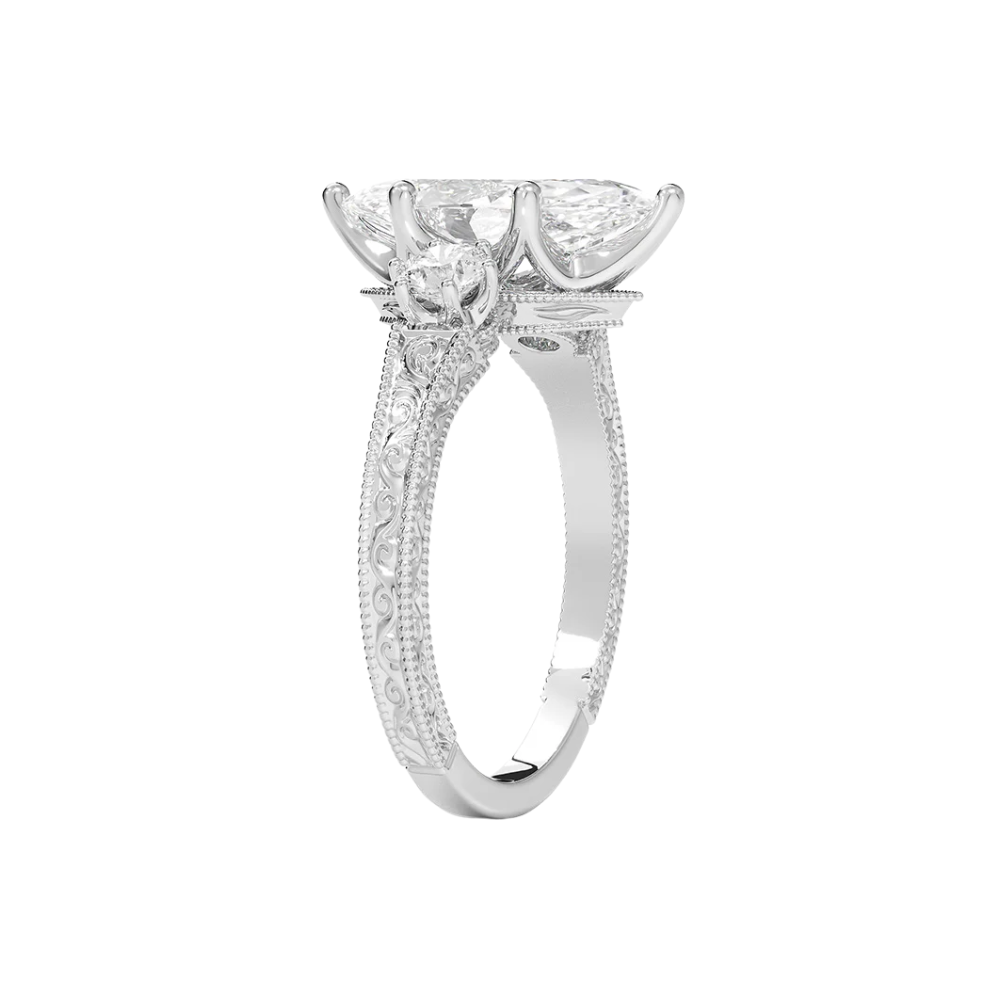 Trilogy (Round Side Stones) Vintage Lab Diamond Engagement Ring in 18K Gold - Marquise