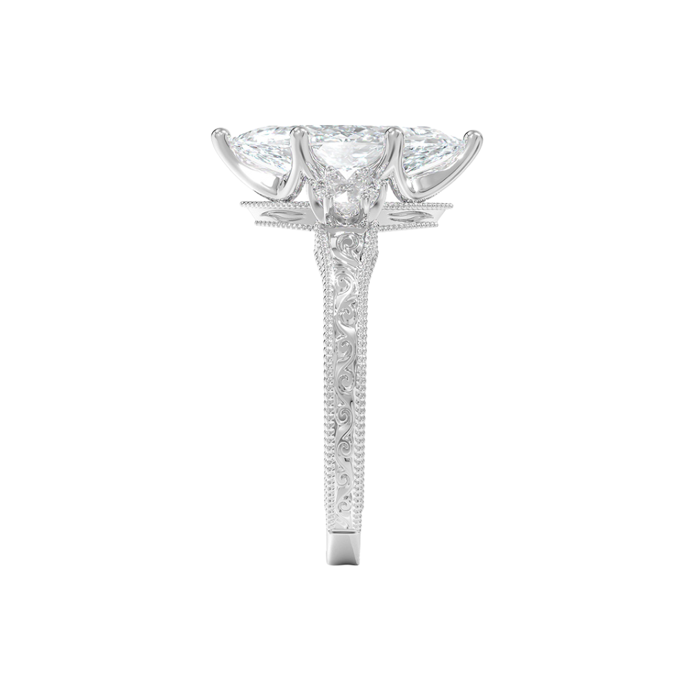 Trilogy (Round Side Stones) Vintage Lab Diamond Engagement Ring in 18K Gold - Marquise