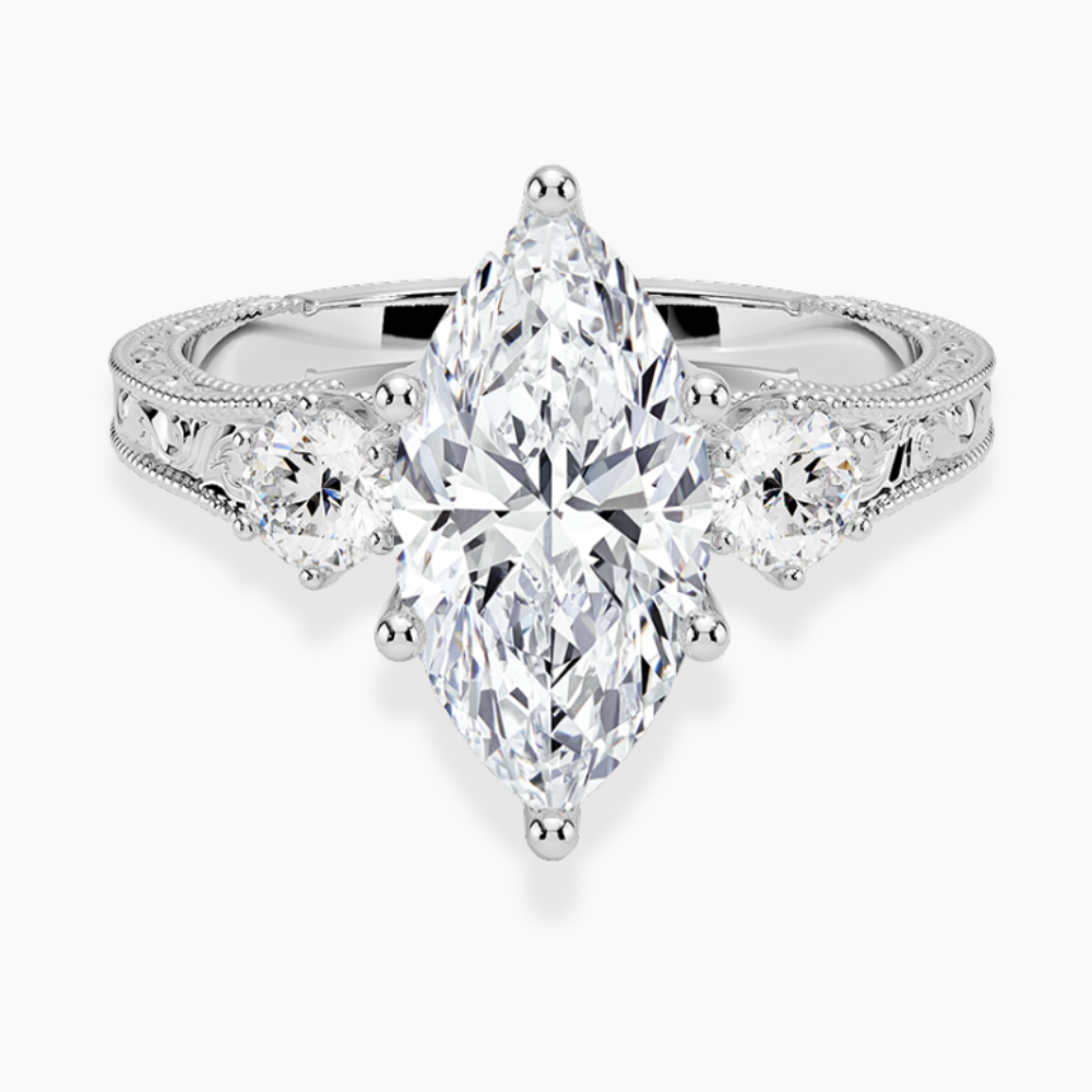 Trilogy (Round Side Stones) Vintage Lab Diamond Engagement Ring in 18K Gold - Marquise
