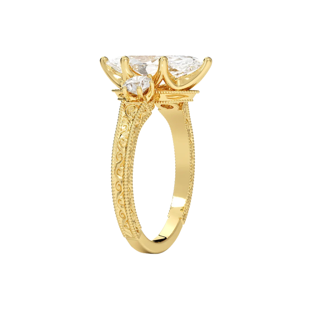 Trilogy (Round Side Stones) Vintage Lab Diamond Engagement Ring in 18K Gold - Marquise