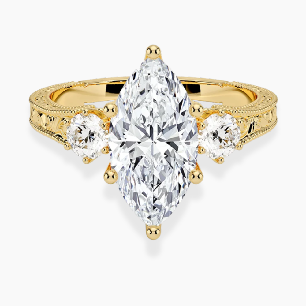 Trilogy (Round Side Stones) Vintage Lab Diamond Engagement Ring in 18K Gold - Marquise