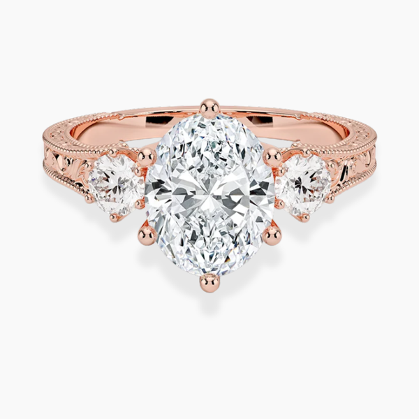Trilogy (Round Side Stones) Vintage Lab Diamond Engagement Ring in 18K Gold - Oval