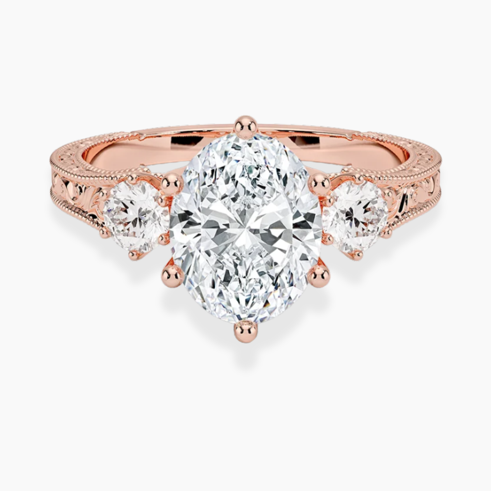 Trilogy (Round Side Stones) Vintage Lab Diamond Engagement Ring in 18K Gold - Oval