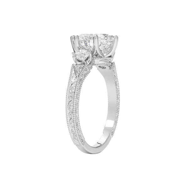 Trilogy (Round Side Stones) Vintage Lab Diamond Engagement Ring in 18K Gold - Oval