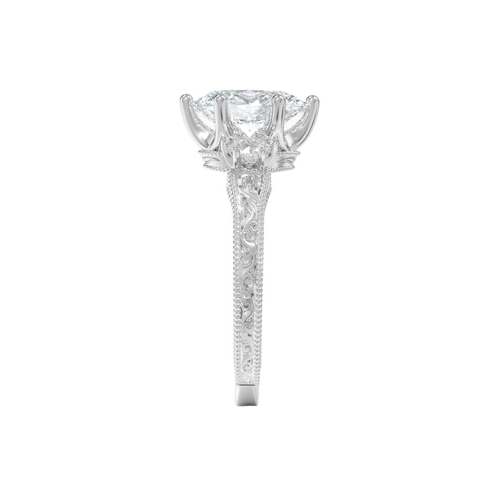 Trilogy (Round Side Stones) Vintage Lab Diamond Engagement Ring in 18K Gold - Oval