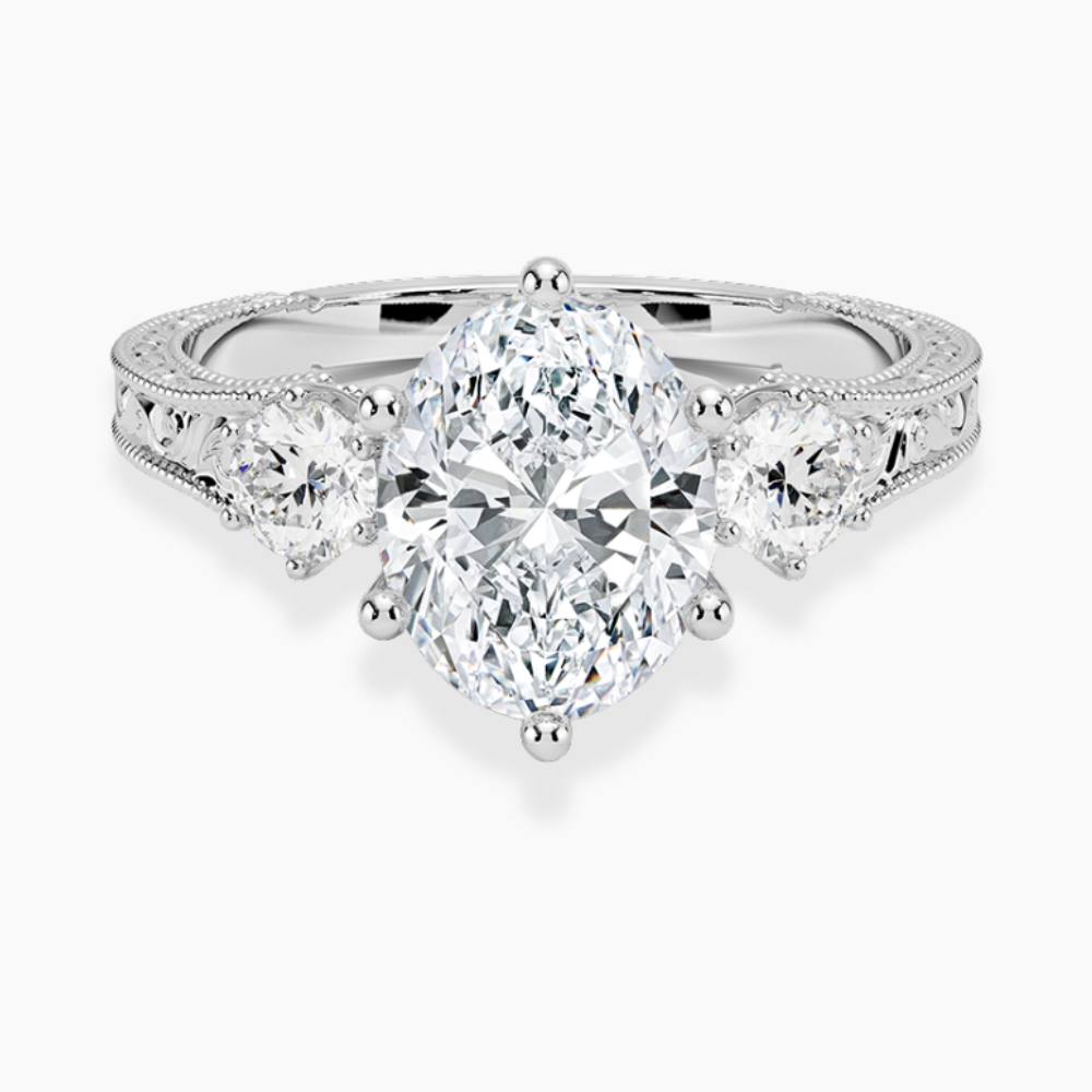 Trilogy (Round Side Stones) Vintage Lab Diamond Engagement Ring in 18K Gold - Oval