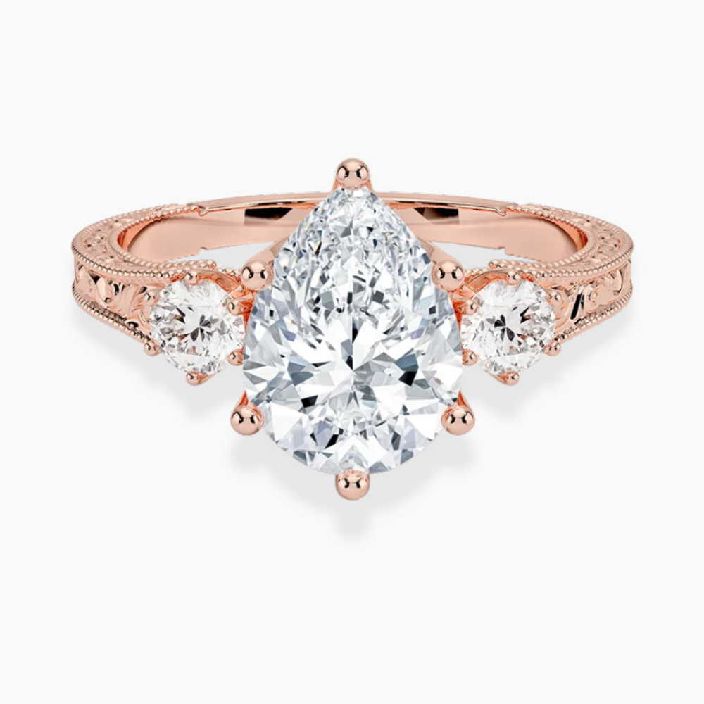 Trilogy (Round Side Stones) Vintage Lab Diamond Engagement Ring in 18K Gold - Pear