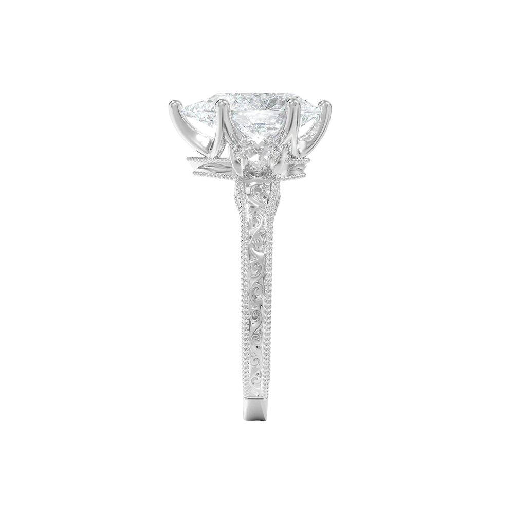 Trilogy (Round Side Stones) Vintage Lab Diamond Engagement Ring in 18K Gold - Pear