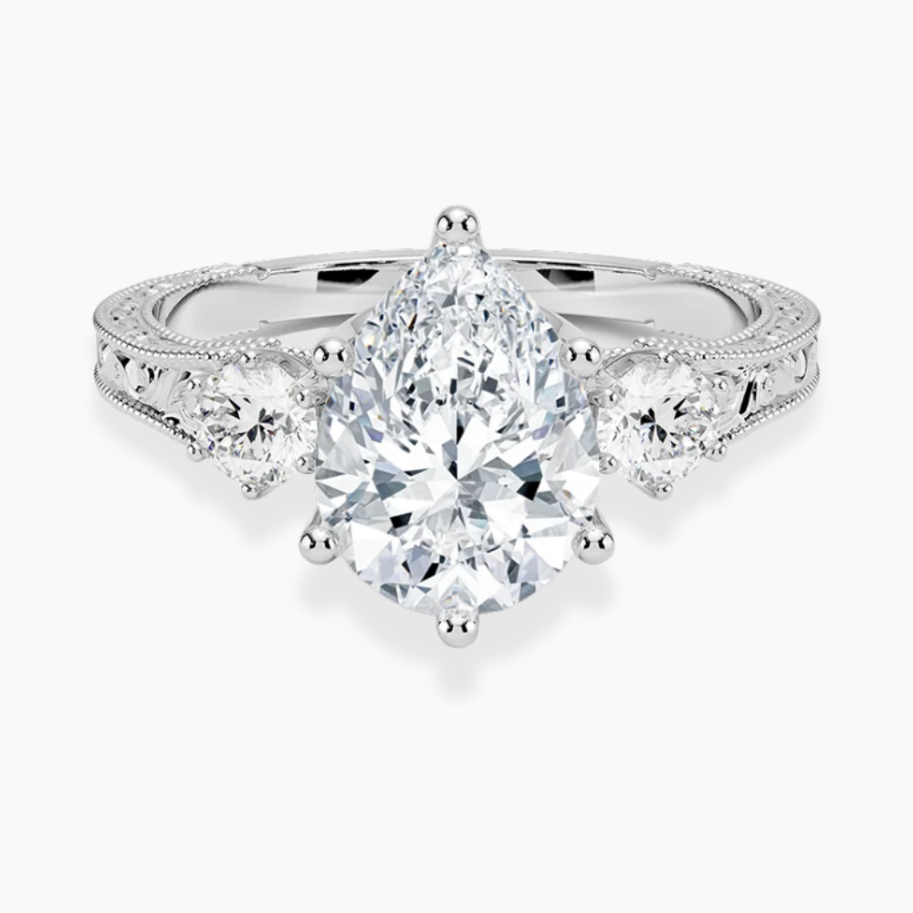 Trilogy (Round Side Stones) Vintage Lab Diamond Engagement Ring in 18K Gold - Pear