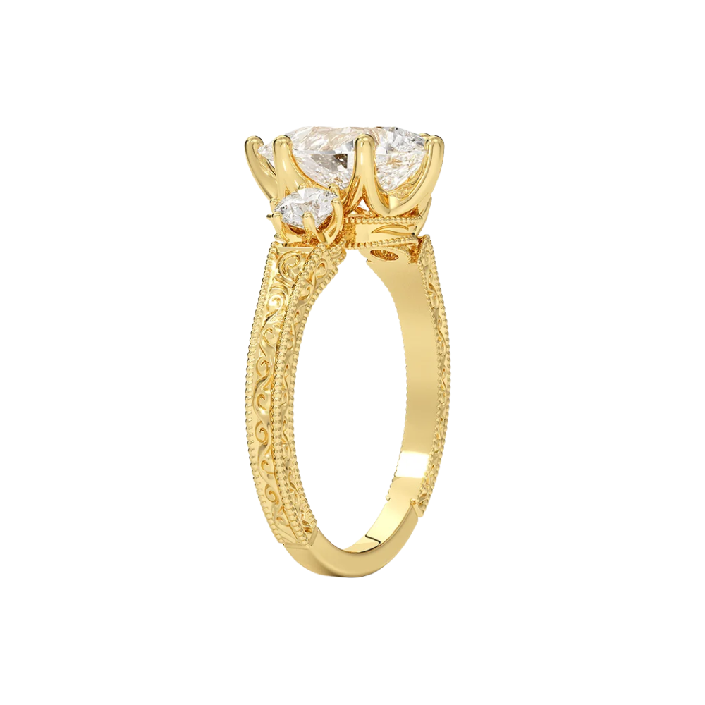 Trilogy (Round Side Stones) Vintage Lab Diamond Engagement Ring in 18K Gold - Pear