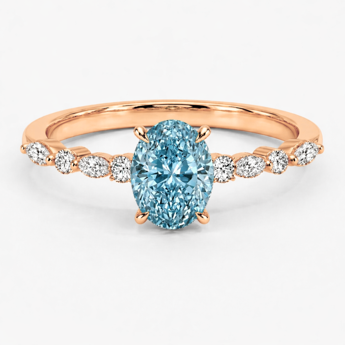 Ocean Eyes Accents Fancy Blue Lab Grown Diamond Engagement Ring in 18K Gold - Oval