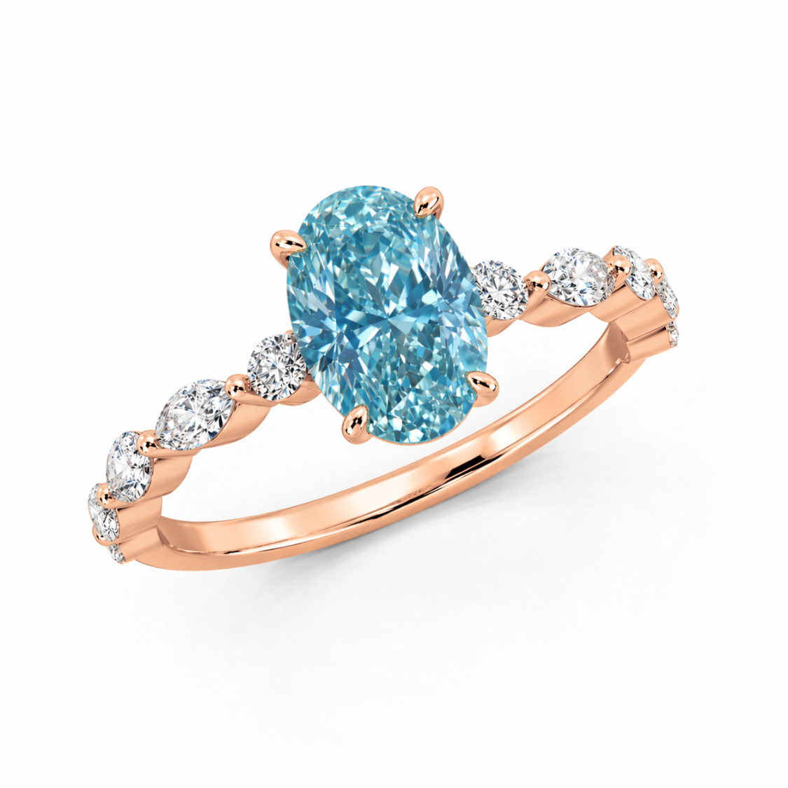 Ocean Eyes Accents Fancy Blue Lab Grown Diamond Engagement Ring in 18K Gold - Oval