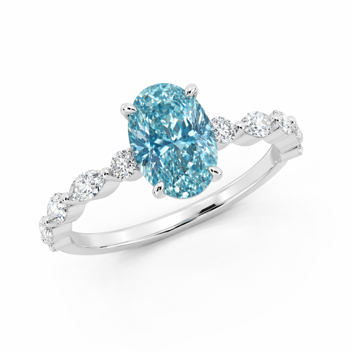 Ocean Eyes Accents Fancy Blue Lab Grown Diamond Engagement Ring in 18K Gold - Oval