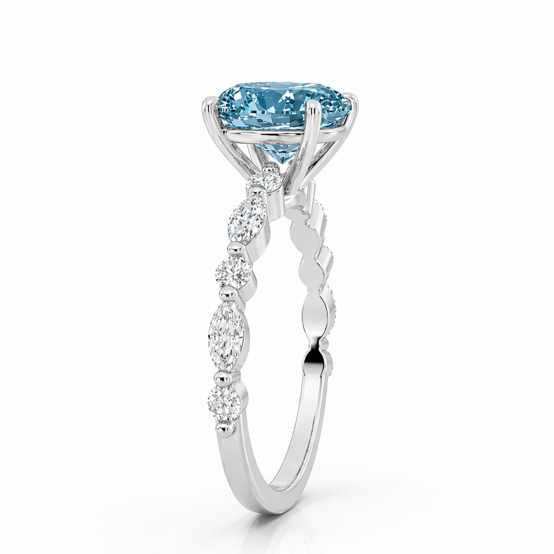 Ocean Eyes Accents Fancy Blue Lab Grown Diamond Engagement Ring in 18K Gold - Oval