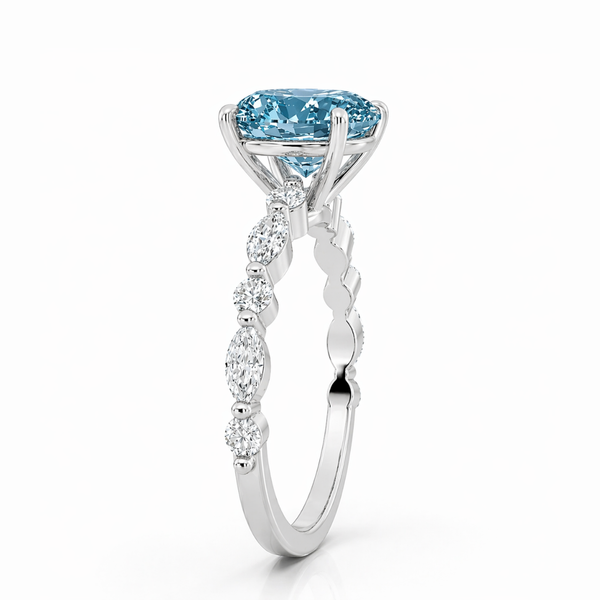 Ocean Eyes Accents Fancy Blue Lab Grown Diamond Engagement Ring in 18K Gold - Oval