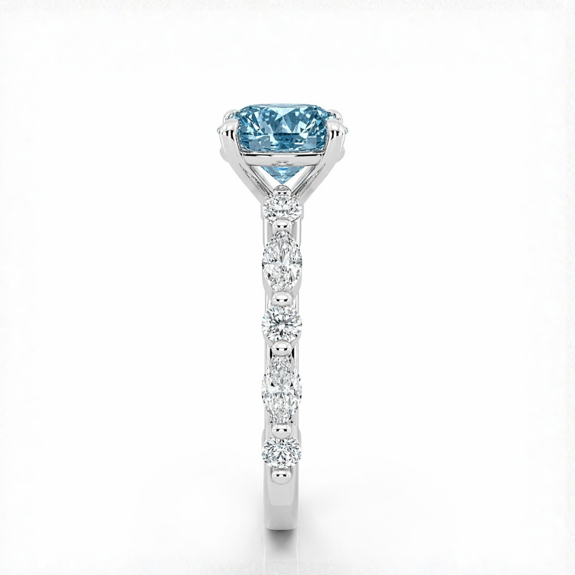 Ocean Eyes Accents Fancy Blue Lab Grown Diamond Engagement Ring in 18K Gold - Oval