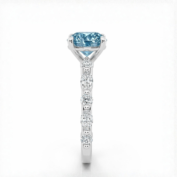 Ocean Eyes Accents Fancy Blue Lab Grown Diamond Engagement Ring in 18K Gold - Oval