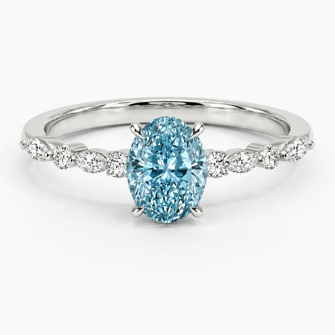 Ocean Eyes Accents Fancy Blue Lab Grown Diamond Engagement Ring in 18K Gold - Oval