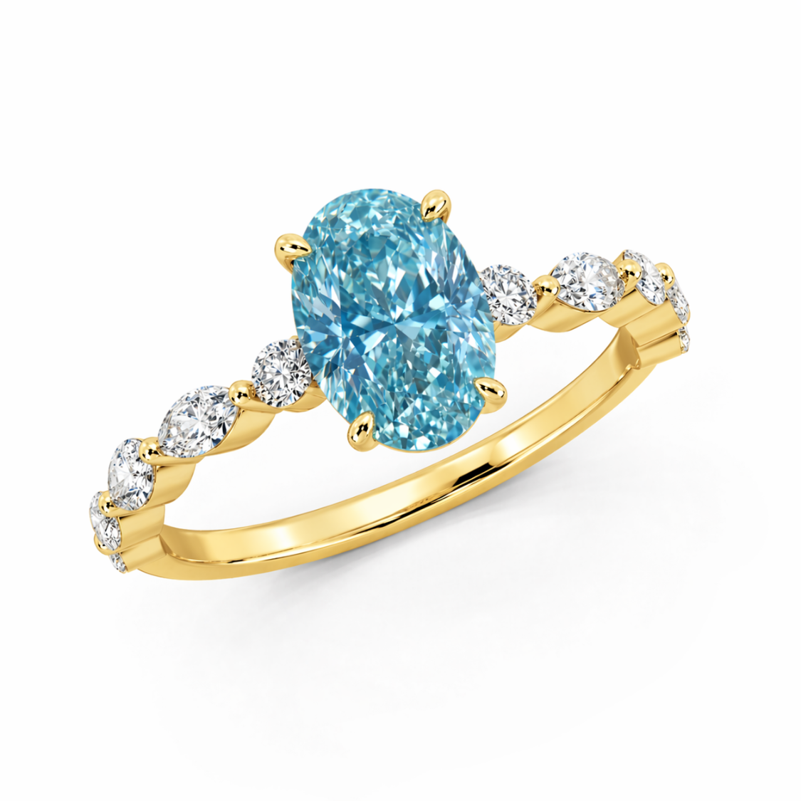 Ocean Eyes Accents Fancy Blue Lab Grown Diamond Engagement Ring in 18K Gold - Oval
