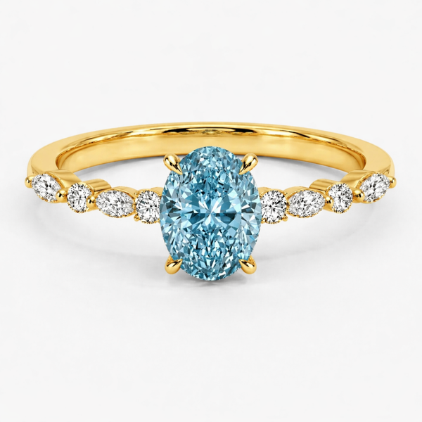 Ocean Eyes Accents Fancy Blue Lab Grown Diamond Engagement Ring in 18K Gold - Oval