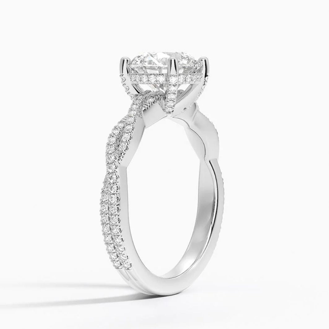 Twisted Pave Hidden Halo Accents Round Lab Diamond Engagement Ring in 18K Gold