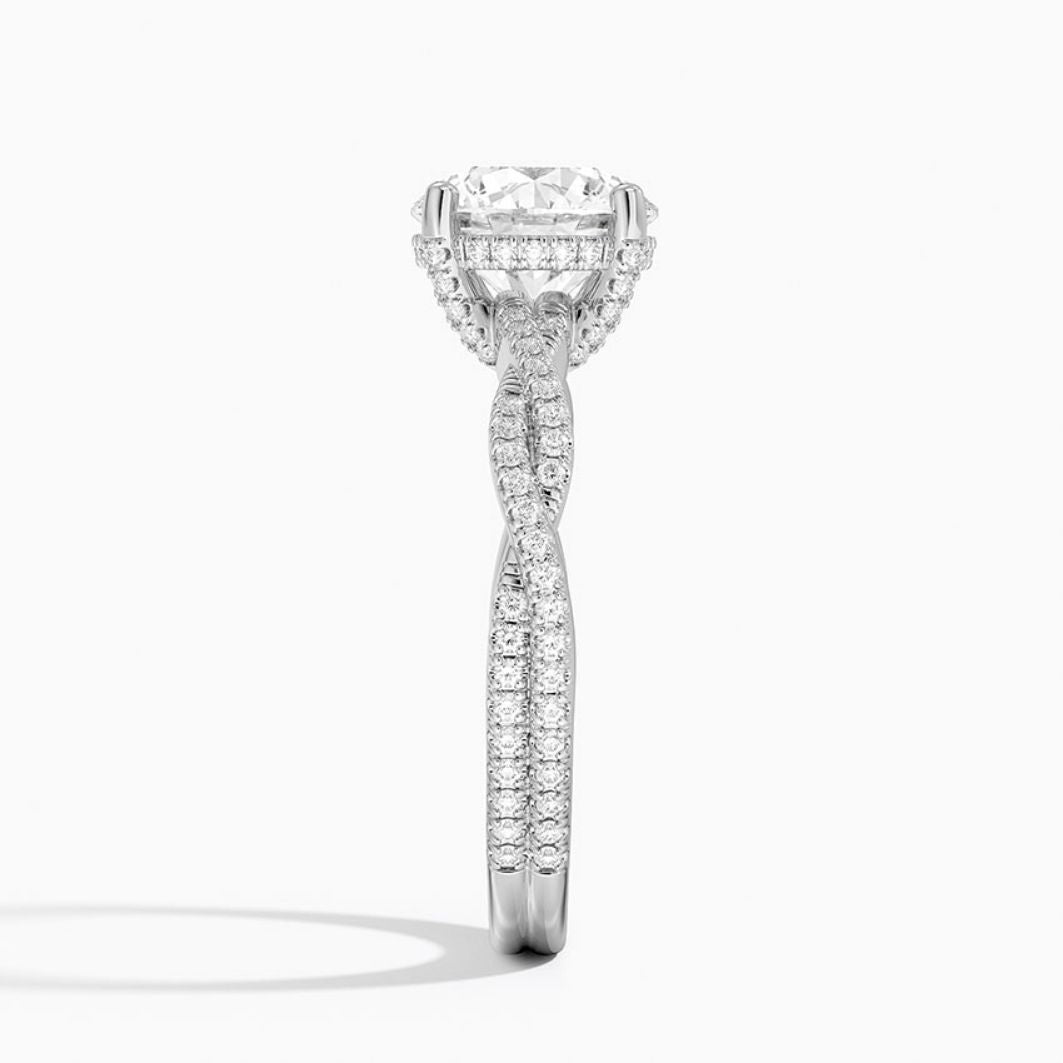 Twisted Pave Hidden Halo Accents Round Lab Diamond Engagement Ring in 18K Gold