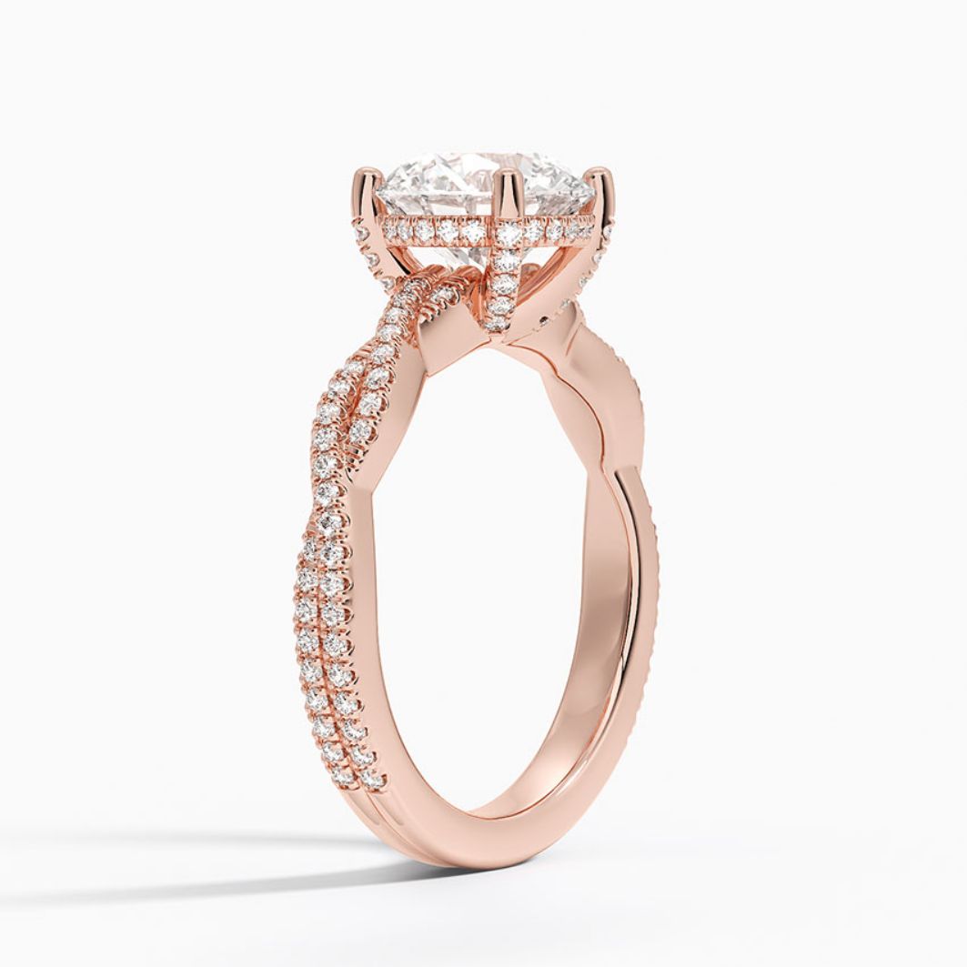 Twisted Pave Hidden Halo Accents Round Lab Diamond Engagement Ring in 18K Gold