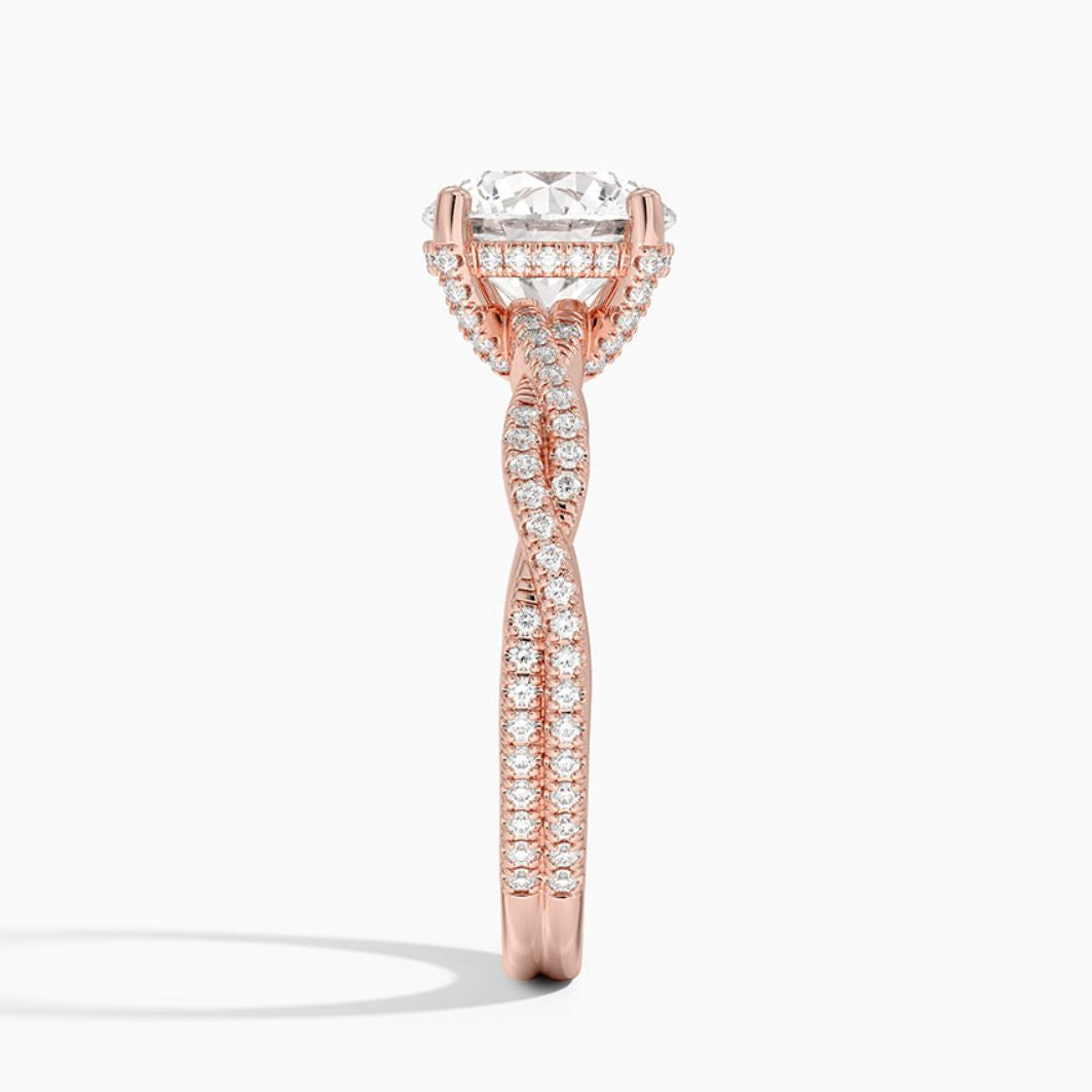 Twisted Pave Hidden Halo Accents Round Lab Diamond Engagement Ring in 18K Gold